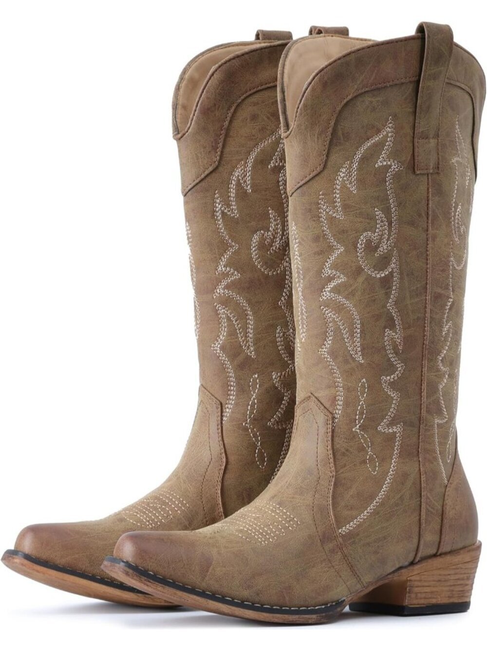Women's Mid Calf Brown Fashion Cowgirl Boots with Embroidery Western Snip Toe